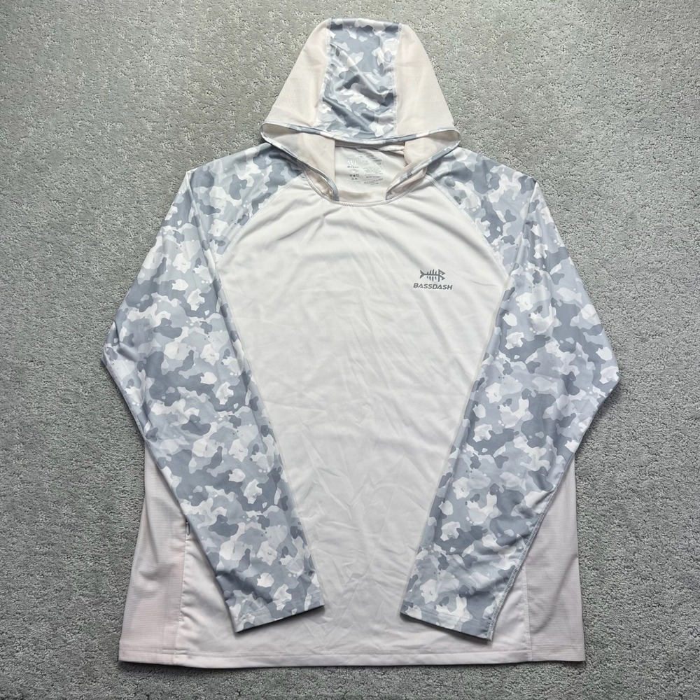 Bassdash Hoodie Men 2XL White Camo Sleeve UPF 50+ Sun Protection Fishing Outdoor
